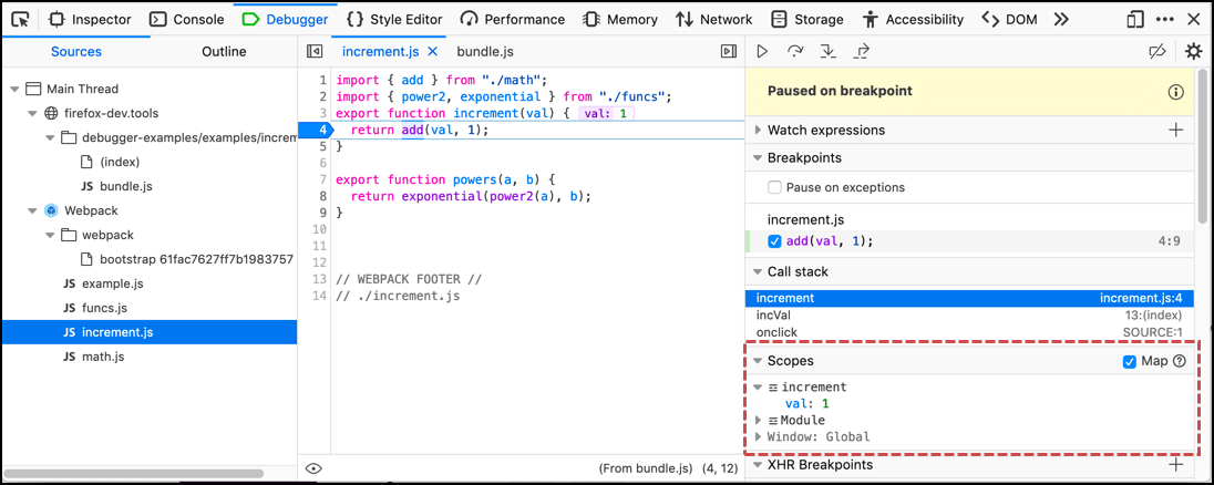 A screenshot of the Debugger, with the Scopes pane highlighted