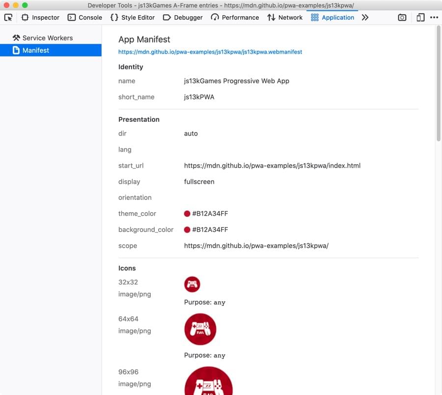 manifest view showing a deployed manifest, with identity, presentation, and icon information shown