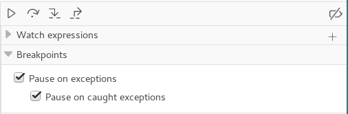 Screen shot showing "Pause on exceptions