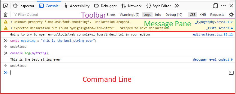 Web console" alt="Screenshot of FF web console