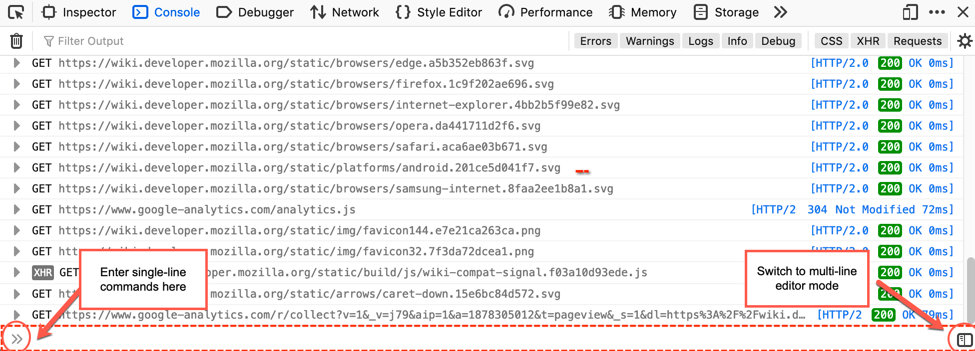 The Web Console, showing single-line mode